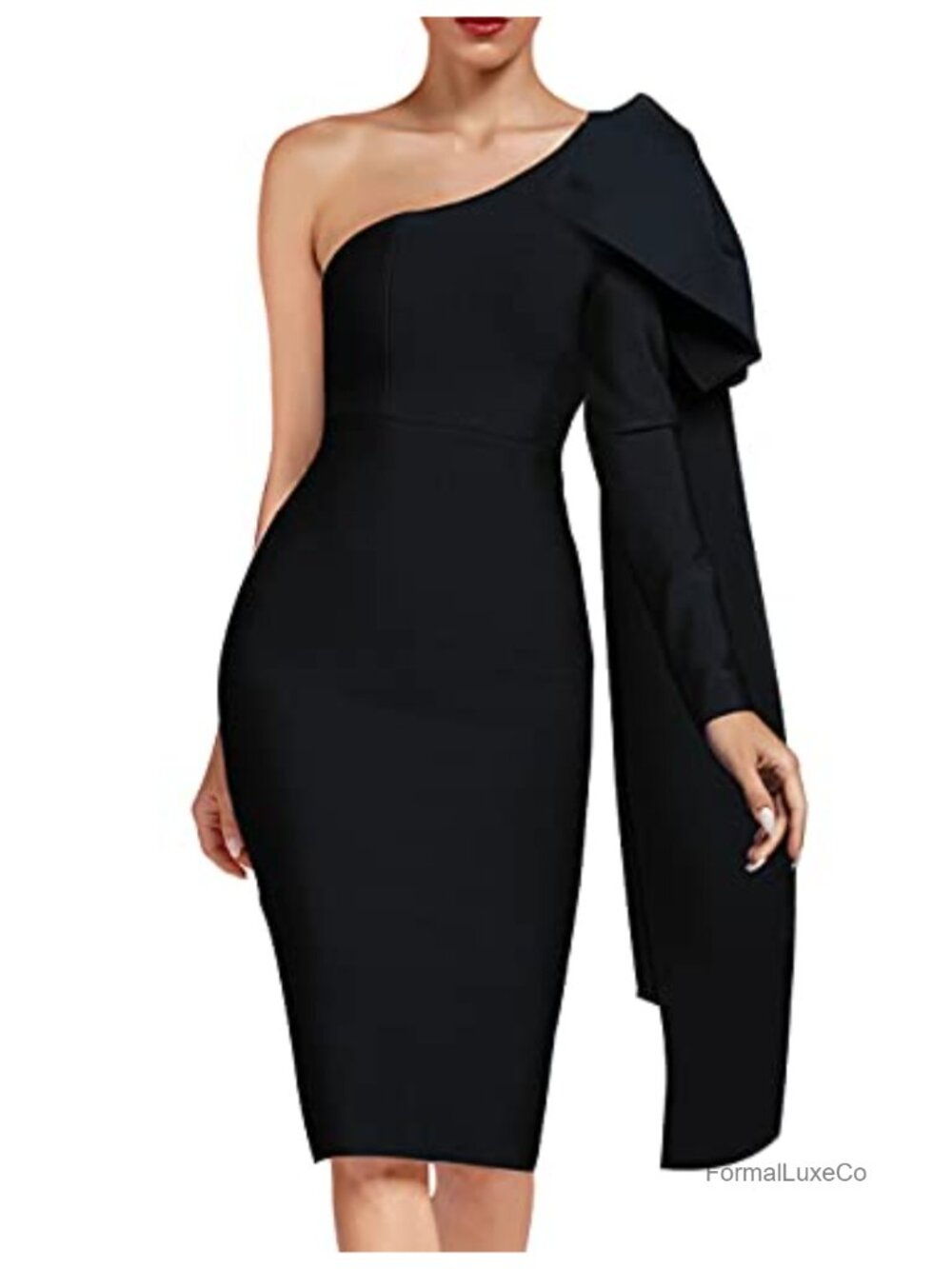 One Shoulder Bowknot Long Sleeve Bodycon Knee Length Club Party Bandage Dress